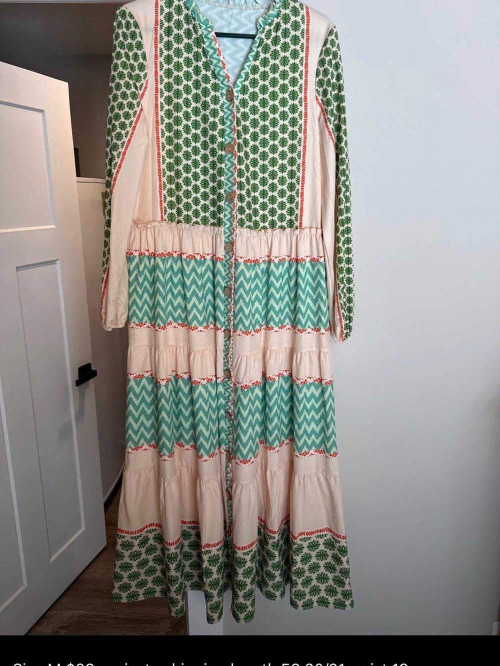 Boho Tiered Button-Front Maxi Dress in Green & Cream